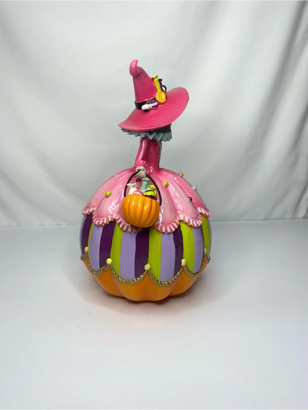 Whimsical Halloween Pink Fairy Witch Pumpkin Candy Base Figurine 10.5
